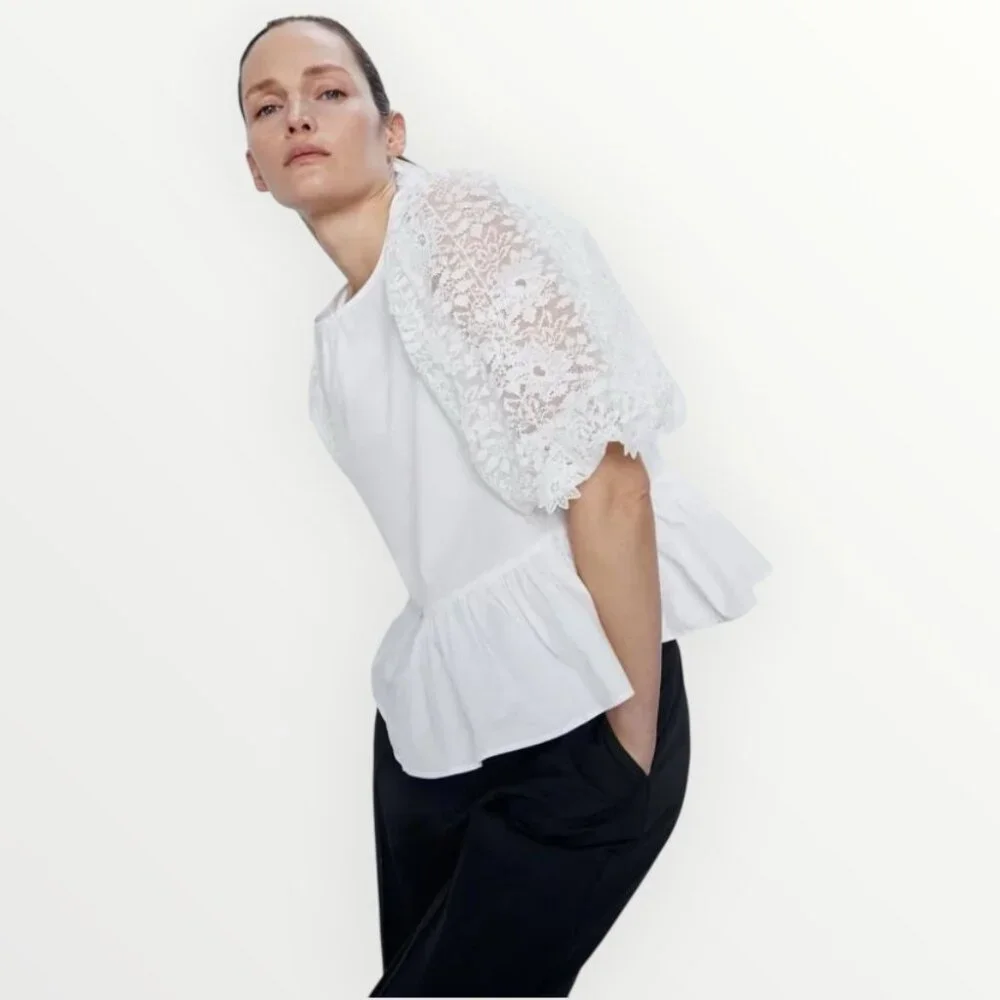 Zara White Embroidered Lace Sleeve Peplum Top